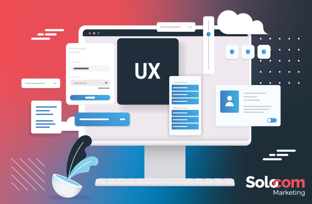 Graphique vectorisé représentant un ordinateur avec diverses interfaces utilisateur.|Graphique illustrant une mauvaise expérience utilisateur par un petit appel à l'action au milieu du contenu